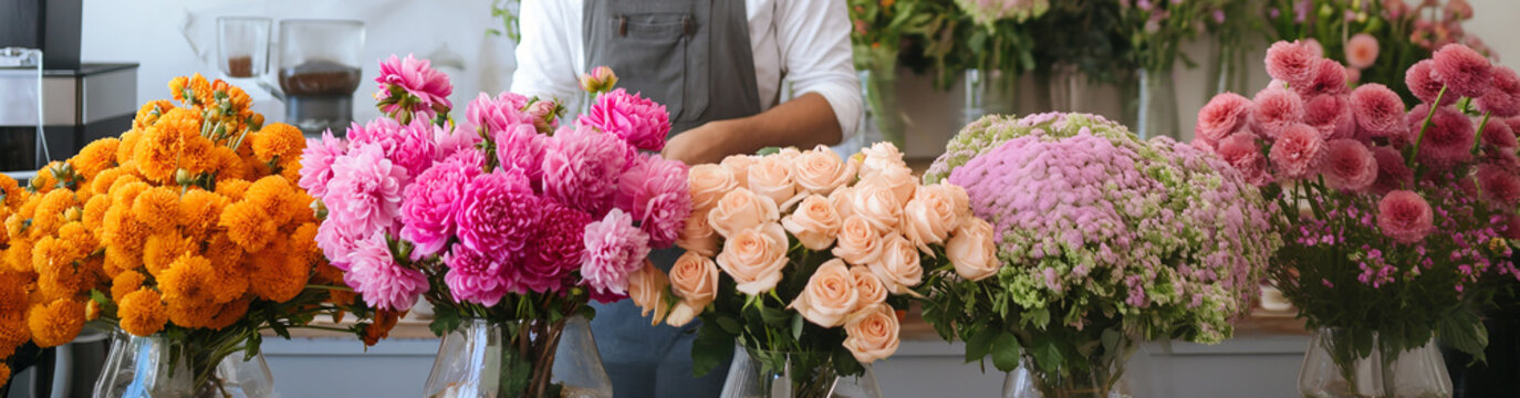 Five bouquets of flowers on the blurred background of a flower shop. Delivery service. Flower shop concept. Design for computer games, puzzles, websites.