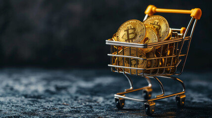 A miniature shopping cart filled with golden Bitcoin coins, symbolizing the modern era of digital currency transactions and investments - obrazy, fototapety, plakaty
