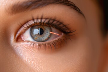 Close-up of a woman blue eye on blue background - obrazy, fototapety, plakaty