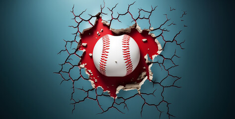 Baseball ball breaking through cracked wall. Sport concept. 3D Rendering
