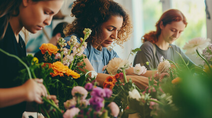 Three women create bouquets at a floristic workshop. Small flower business. - obrazy, fototapety, plakaty