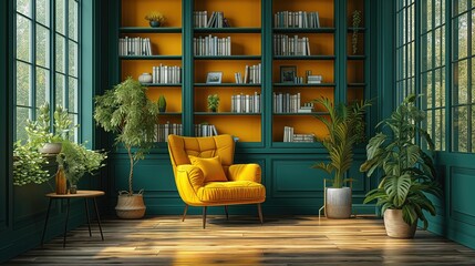 A sophisticated home library with a bold yellow armchair, teal bookshelves, and abundant natural light, epitomizing comfort and modern home design