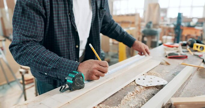 Hand, measuring tape and pencil for woodworking or furniture production, small business or carpentry. Person, manufacture and mark for plank or tools for building or diy, restoration or contractor
