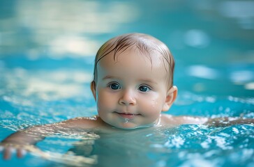 Fototapeta na wymiar This heartwarming photograph captures a joyous baby swimming gracefully in a refreshing pool of water