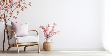 Scandinavian interior design featuring an elegant, bright living room with a comfortable lounge chair, rattan details, flowers, and a decorated shelf.