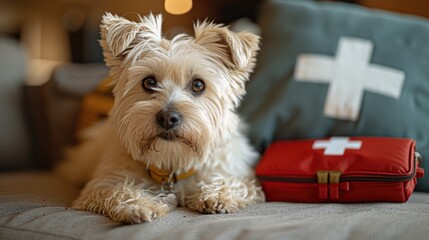 A cute West Highland White Terrier sits alert next to a red first aid kit, emphasizing the importance of pet safety and emergency preparedness