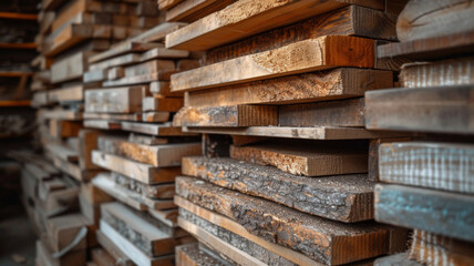 A close-up of neatly stacked lumber showcasing the natural textures and patterns of wood, indicative of construction material storage