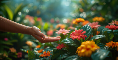 Hand of woman watering gerbera flower in garden with sunlight.