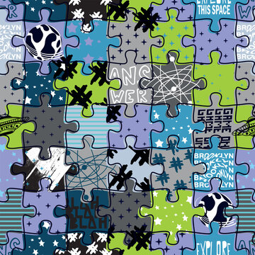 Seamless bright boys print with puzzles. For textiles, prints, wrapping paper and more
