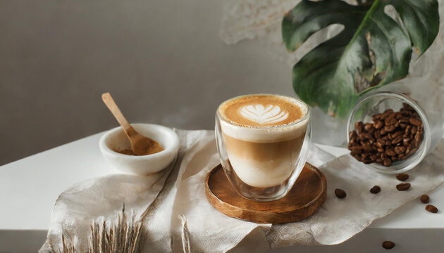 Coffee latte in a glass cup on gray background
