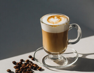 Cappuccino or latte coffee in a glass cup on gray background