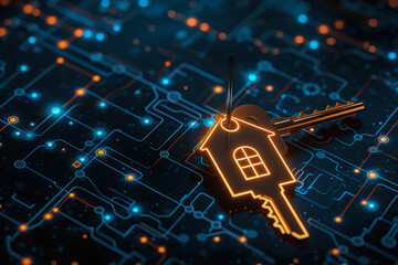 Key with hologram keychain in shape of a house on digital background. Application for online searching, buying, selling or booking for property. Smart home technology concept - obrazy, fototapety, plakaty