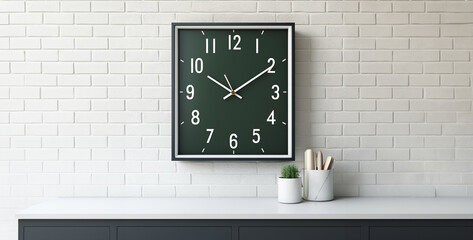 Green wall clock on white table in living room. 3d rendering,Working space with clock on wall, 3d rendering. Computer digital drawing.