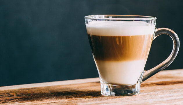Latte coffee in a glass cup on dark background