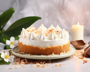 Obraz na płótnie Canvas Appetising Coconut Cream Pie on Light Background. Baked Fresh in a Bakery with Butter and Biscuit