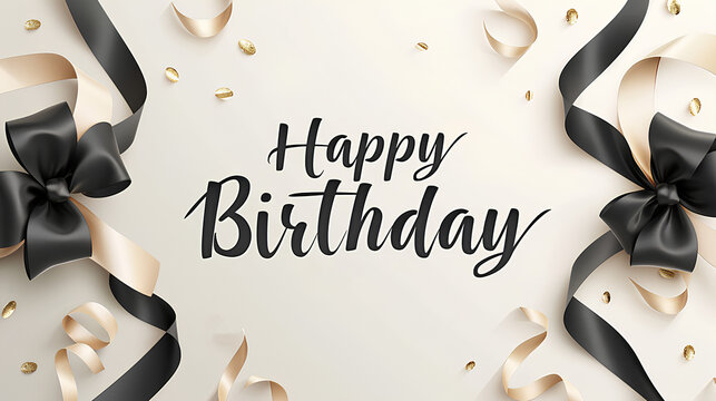 The inscription "Happy birthday", black laconic satin ribbons. Design a festive template for a birthday greeting card.