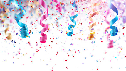 Festive bright colored confetti and streamers are flying in the air. Birthday, poster, postcard, invitation. - obrazy, fototapety, plakaty