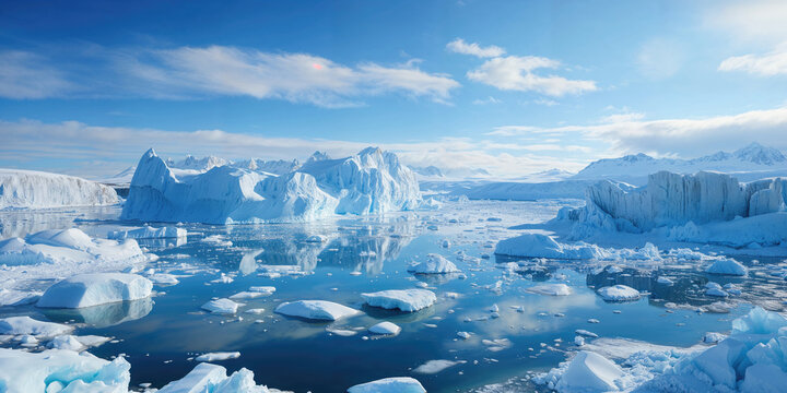 Serene Arctic landscape with floating icebergs Generative AI image