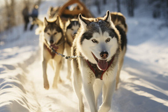 Energetic husky dogs leading a sled on snowy trail Generative AI image