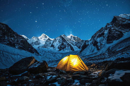 Starlit sky above a glowing tent in snowy mountains Generative AI image