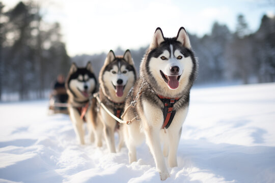 Energetic Siberian Huskies Pulling a Sled Through Snow Generative AI image