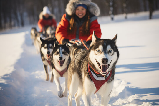 Joyful dog sledding adventure in a snowy landscape Generative AI image
