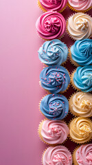 Cakes with bright cream of different colors and a place for text, greeting wallpapers.