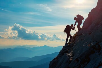 Summit success of hiker extending a helping hand to a friend, reaching the mountain top together. An inspiring image of teamwork, support, and conquering challenges