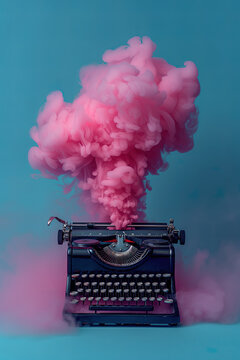 Vintage typewriter emitting a cloud of pink smoke. Generative AI image