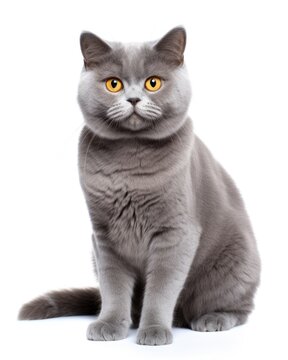 Grey Cat Sitting. Isolated Cute Young Domestic Pet in Studio with Grey Fur and White Background