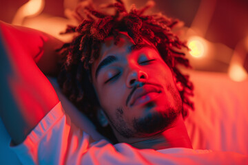 Young African American man sleeping peacefully in red glow. Generative AI image