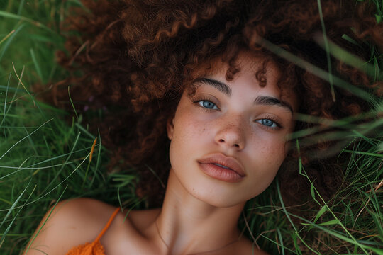 Curly-haired woman lying in green grass. Generative AI image