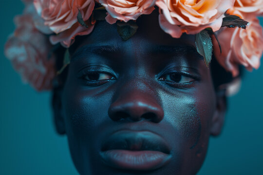 African beauty adorned with blooming flowers. Generative AI image