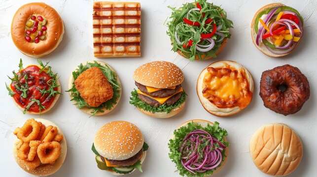 This collection of fast food icons includes cheese burgers, turkey roasts, shawarmas, sandwiches, pizza slices, tacos, chicken nuggets, and hotdogs. The images are isolated on a white background.