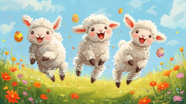 cartoon image of cute lamb of god jumping in the meadow with flowers, sheep