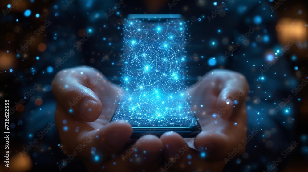 Leinwandbilder A polygonal wireframe closeup of a mobile phone with a blank white empty screen, holding it in the hand of a man. Illustration dark blue background. Concept for a communication app on a smartphone.
