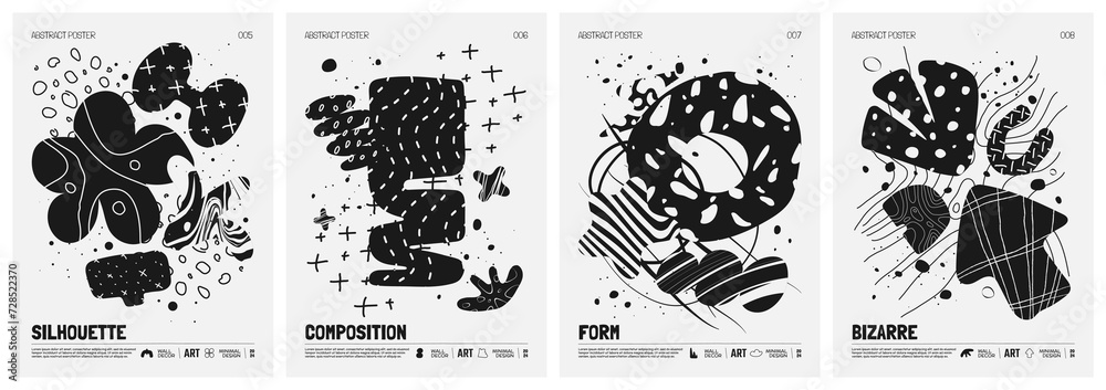 Aufkleber black and white vector minimalistic posters with bizarre abstract geometric unusual shapes and forms