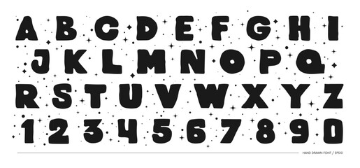 Hand drawn monochrome bizarre alphabet thick font, unusual latin typeface in matisse art style, vector bold letters and numbers