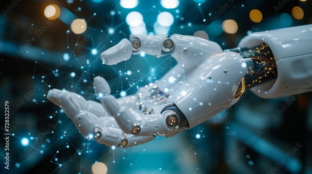 Leinwandbilder A robot hand displaying graphical icons for artificial intelligence assistance in medical healthcare practices and surgeries with a blue banner background to combine human and artificial intelligence