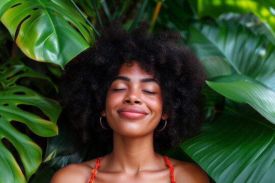 Generative AI illustration of black serene woman with eyes closed and a content smile amidst lush green tropical leaves