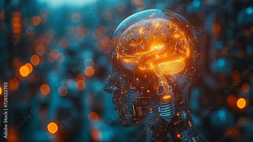 Poster an abstract concept of human head in the form of a light bulb, with the brain inside. aai technology
