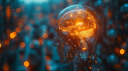 An abstract concept of human head in the form of a light bulb, with the brain inside. AAI technology, artificial mind, brain cognition, digital innovation, Artificial intelligence, Cyber Robot, - obrazy, fototapety, plakaty