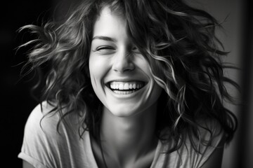 Big Smile Black and White Portrait of a Cheerful Young Woman - Beautiful, Pretty, and Attractive - obrazy, fototapety, plakaty