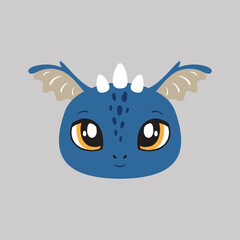 Dragon vector illustration, cute portrait, little child, baby face, wings, symbol of the year, character. Cutie, funny baby animal face, portrait. Illustration for printing on fabric, postcard, print
