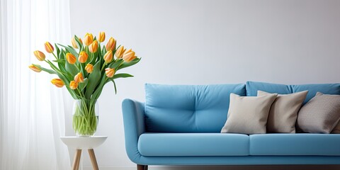 Bright living room with couch and blue tulips in vase.