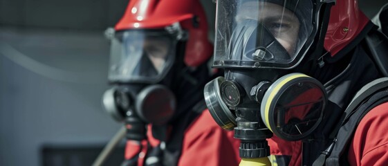 Firefighters in protective gear with respirators, prepared for hazardous material handling and emergency response.