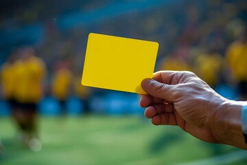 A person's hand holds up a warning in the form of a yellow card amidst the lush green grass of an outdoor field