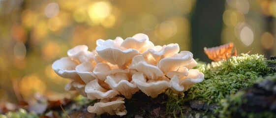 Fungi flourish on a forest log, illuminated by soft sunlight, capturing the essence of woodland ecosystems