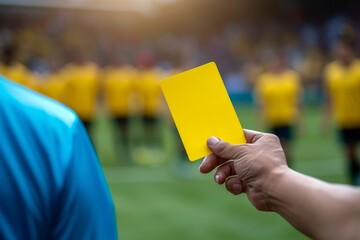 A person stands in a field of vibrant green grass, their hand firmly grasping a bright yellow card, a symbol of warning or caution in the outdoor setting, their clothing blending with the natural sur - obrazy, fototapety, plakaty