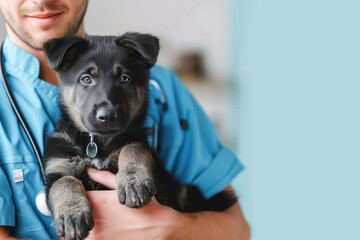 A joyful person gently cradles a fluffy black and blue puppy, showcasing the bond between human and pet in an indoor setting